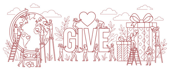 Fototapeta premium Volunteers helping global community with charitable gifts and hearts for social care themes.