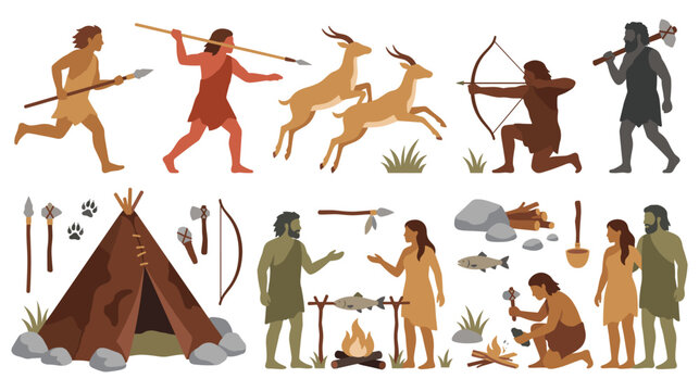 Primitive prehistoric people group hunting and daily survival life activities flat vector.