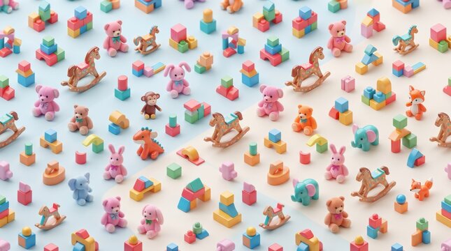 Colorful scattered baby toy pattern on light blue background with baby toys
