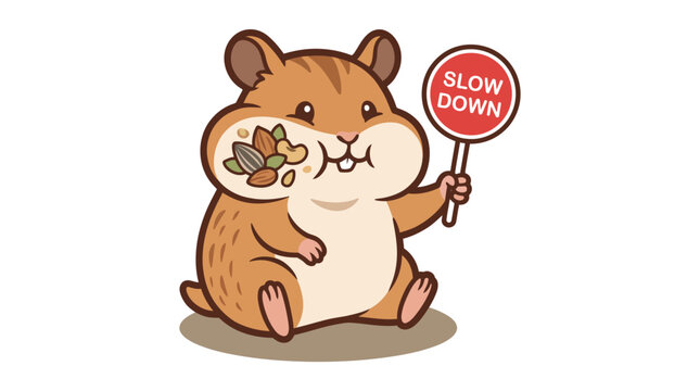 Cartoon hamster illustration holding a red slow down sign while eating nuts to represent mindfulness and wellness