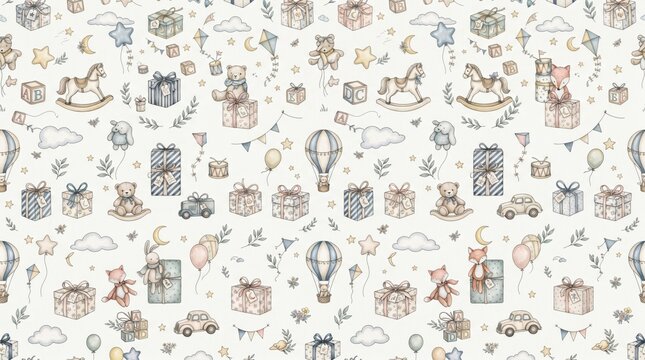 Seamless pattern of illustrated baby toys and gifts with gift pattern cute icons baby shower