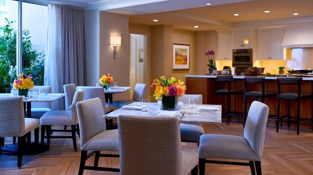 Modern dining room with elegant decor; tables set with flowers, chairs around, open kitchen view