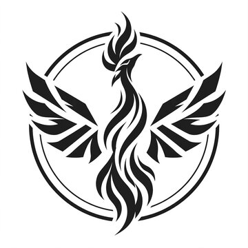 Elegant black silhouette phoenix bird rising with flame wings inside double circle frame for luxury brand, rebirth and powerful emblem.