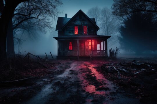 Creepy House With Red Lights on a Foggy Halloween Night Generative AI