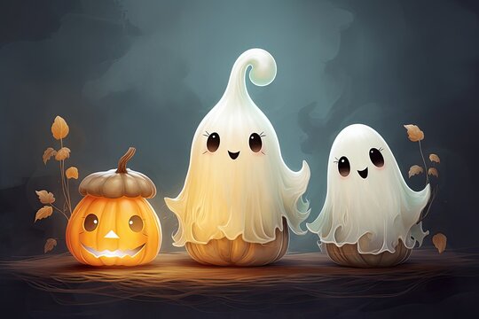 Cute Ghosts and a Jack O'lantern Create a Fun Halloween Scene Generative AI