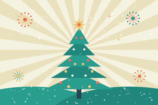 Mid-century retro Christmas background with starburst, geometric tree and sputnik motifs vintage vector