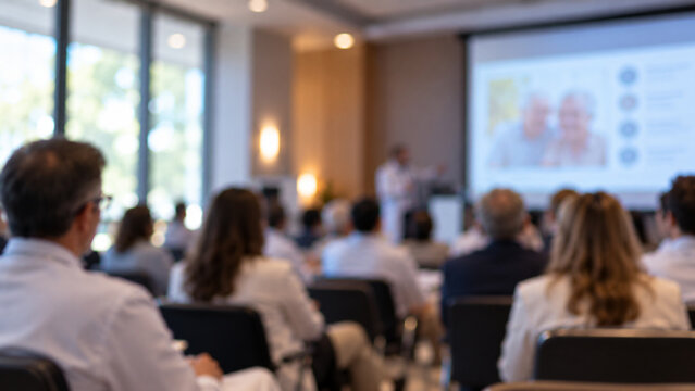 Physicians Attending Geriatrics Continuing Education Seminar Discussing Elderly Care Blurred