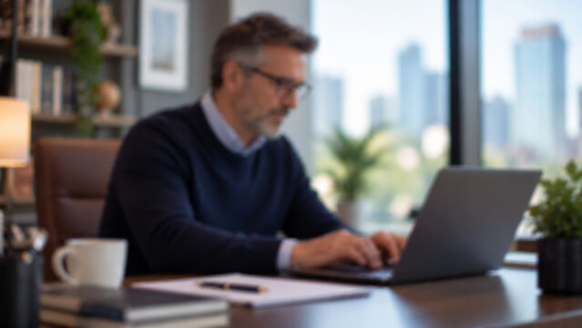 Blurred Manager Writing Professional Recommendation Letter by Large Office Window
