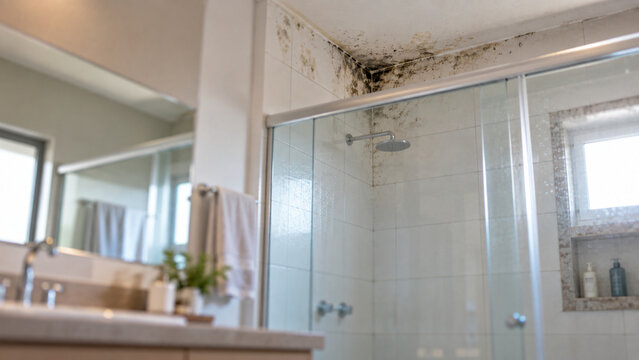 Household Mold and Moisture Damage on Bathroom Wall and Ceiling