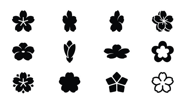 Collection of various stylized black and white flower designs with transparent backgrounds