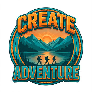 Vintage circular adventure logo with mountains, lake reflection, sunset and three hikers silhouette with bold 3D text Create Adventure.