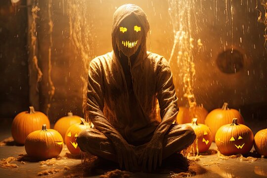 Creepy Ghoul Sits Among Jack O Lanterns in Halloween Setting Generative AI