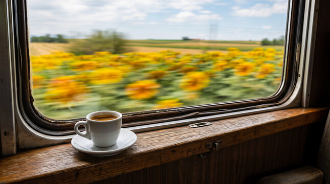 Train window view of sunflower fields with coffee cup