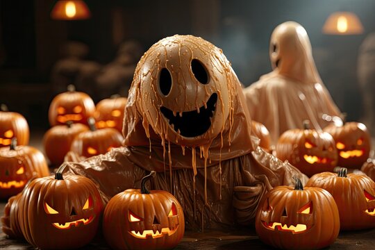 Halloween Scene With Pumpkins and a Ghostly Figure Generative AI