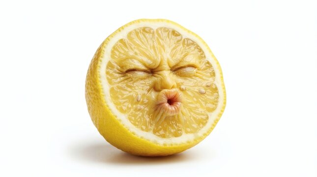 A funny half lemon with a human face making a sour puckered expression isolated on white background
