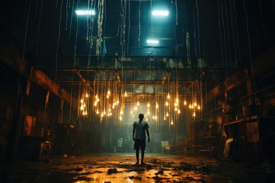 Mysterious Figure Stands in a Dark Space Filled With Hanging Lights Generative AI