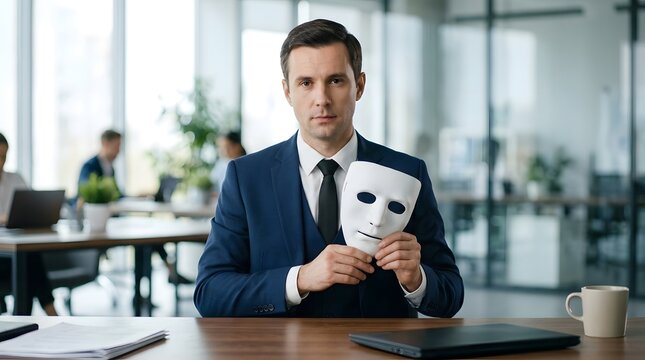 Serious Businessman Sitting at an Office Desk Holding a Plain White Mask, Representing Concept of Hidden Identity, Corporate Persona, Imposter Syndrome, and Dishonesty in the Workplace