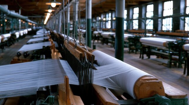 Spacious textile mill interior with aligned looms, wooden beams, and large windows for natural light