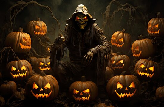 Dark Figure With Jack O Lanterns in a Spooky Halloween Scene Generative AI
