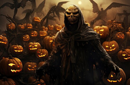 Halloween Scene With Carved Pumpkins and a Mysterious Figure Generative AI