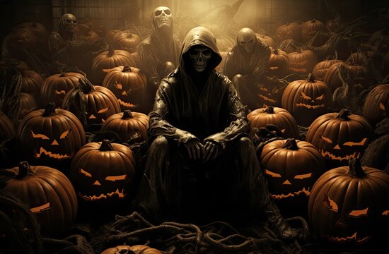 Spooky Halloween Scene With Jack O Lanterns and Shadowy Figures Generative AI