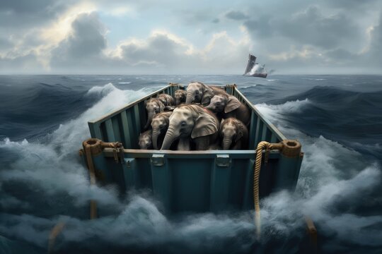 Elephants on a Boat at Sea During Cloudy Weather Generative AI