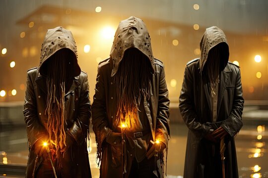 Mysterious Figures in Dark Cloaks Stand Together in Halloween Scene Generative AI
