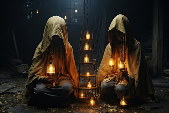 Mysterious Figures With Lanterns in a Dark Halloween Setting Generative AI