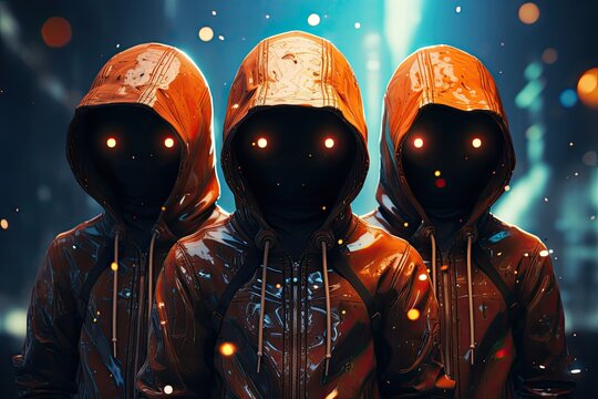 Figures in Hoods With Glowing Eyes in a Spooky Halloween Scene Generative AI