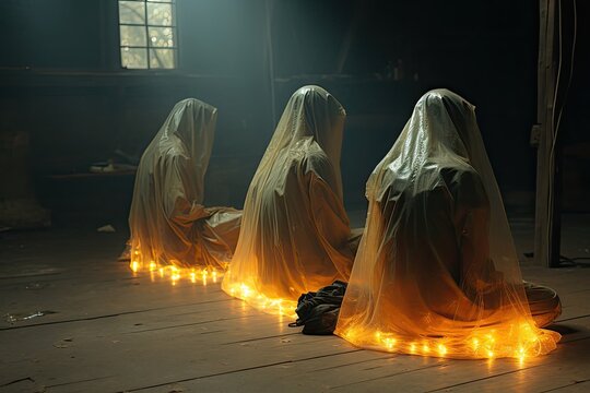 Halloween Scene With Figures in Light-Up Costumes Sitting Quietly Generative AI