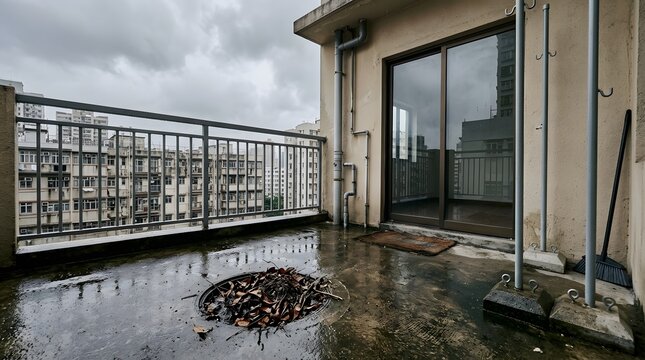 Clogged floor drain on a wet apartment balcony covered with dry leaves and debris after a heavy rain, causing water accumulation and potential flooding issues in a high-rise residential building.