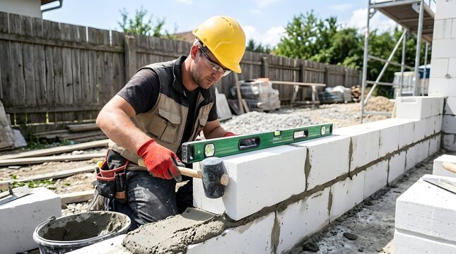 Professional construction worker in safety gear using a spirit level and rubber mallet to precisely align white aerated concrete blocks during the masonry process on a residential building site.