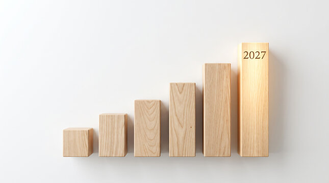 Minimalist wooden blocks in a staircase chart format highlighting the year 2027