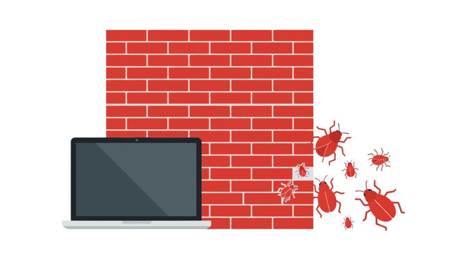 Cybersecurity Firewall Illustration with Laptop Protected by Brick Wall from Malware Bugs and Software Vulnerabilities
