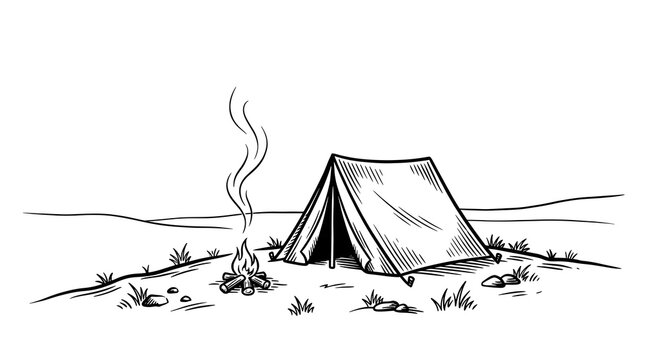 Minimalist black and white hand drawn ink sketch illustration of a classic A-frame camping tent pitched near a burning campfire in the wilderness