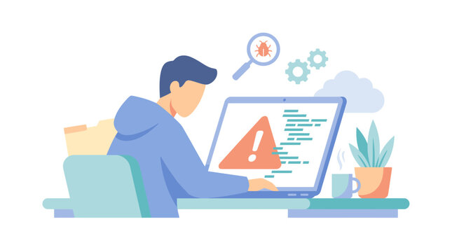 Programmer working on a laptop encountering a software bug and error code with warning sign on screen