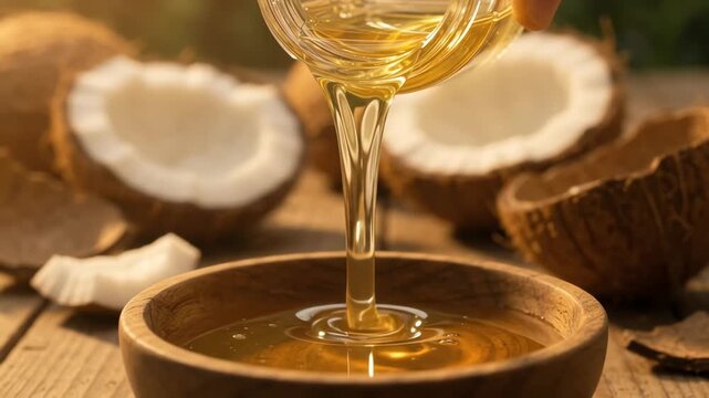 Coconut oil pouring into a wooden bowl with fresh halved coconuts