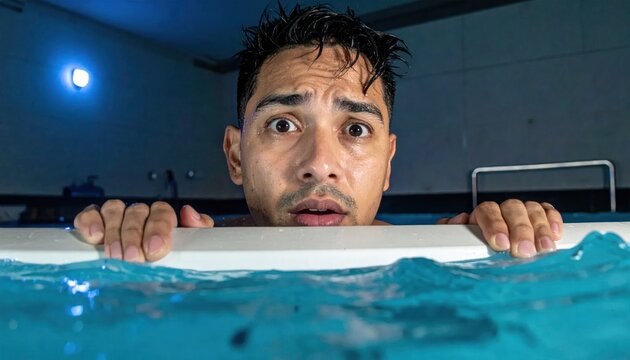 Man in pool looks terrified, clinging to the edge in distress.