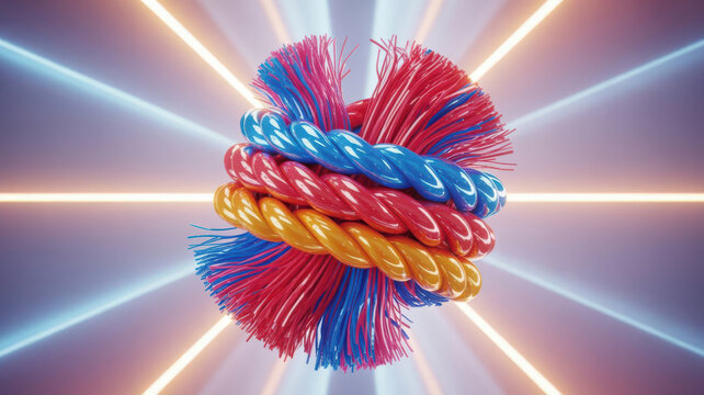 Intertwined red, blue, and yellow ropes with frayed ends on light rays