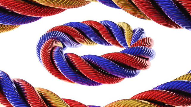Twisted metal cables in red, blue, and gold forming circular patterns