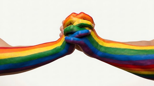 Two hands painted with vibrant rainbow colors clasped together in unity and diversity