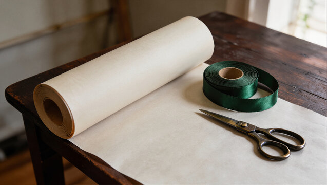 Wrapping paper roll with green ribbon and scissors on wooden table