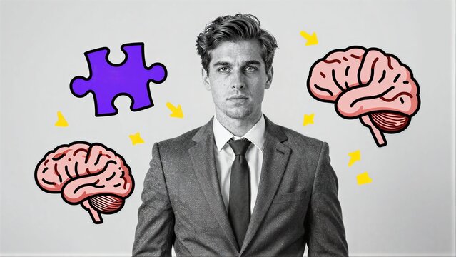 Man in suit surrounded by puzzle pieces and brain, symbolizing problem-solving intellect.