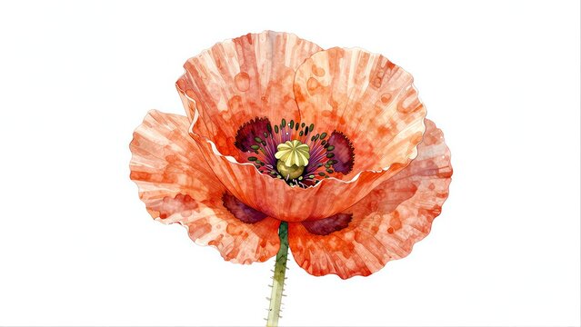 Watercolor poppy with soft orange petals and green stem against white background.