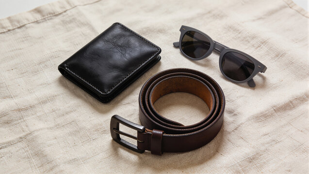 Flat lay of black wallet, sunglasses and leather belt on linen