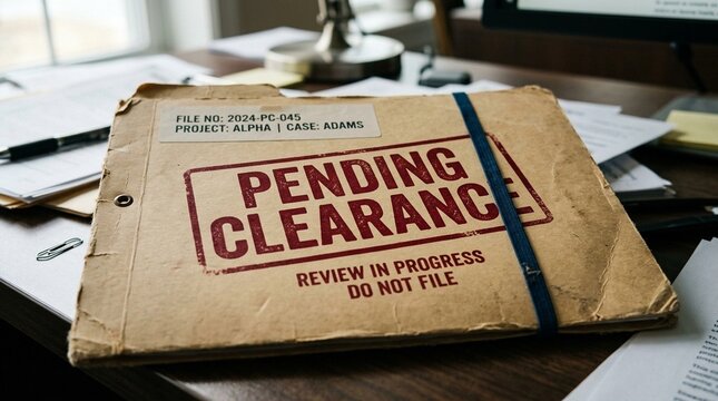 Close-up of stamped folder labeled pending clearance, customs processing status and trade paperwork