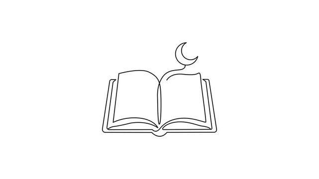 Minimalist line animation of open book with crescent moon icon for bedtime stories and education reading