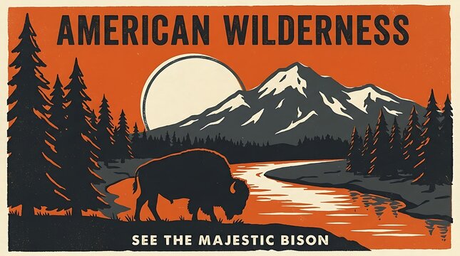 Vintage American wilderness travel poster featuring majestic bison, mountains, and river
