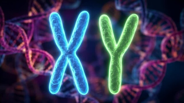 X and Y human chromosome with DNA double helix background for science, biology, and genetics concepts