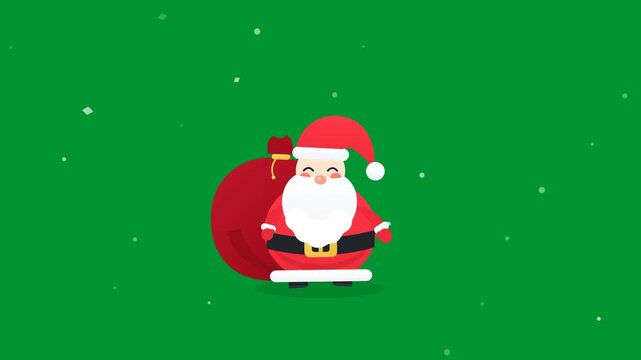 Cute cartoon Santa Claus carrying red gift bag while smiling and blinking in seamless loop motion on solid green background in flat 2D vector animation style